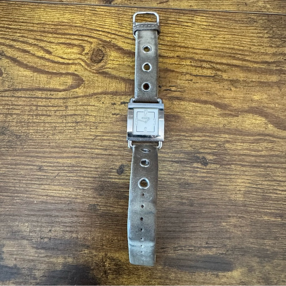 Coach Swiss Tank Watch 0221 Stainless Steel Square Leather Strap Working